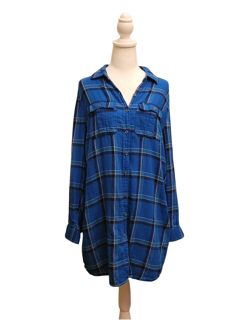 Charlotte Russe Blue Plaid Button-Up Shirt-Dress